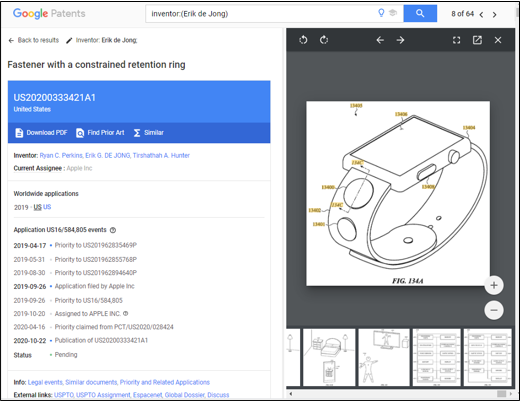  Erik氏の最新の出願US20200333421A1では、ワイヤレスタグをバンドに搭載した時計の記載がある（Google Patensより） ※ここで記載した「最新」とは2021/01/21現在・Google Patentsでヒットする範囲での出願時期が最新のものを示す