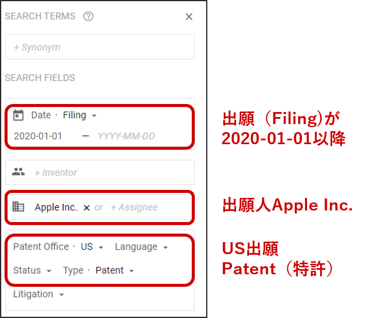 Google Patents Advanced Searchの入力例