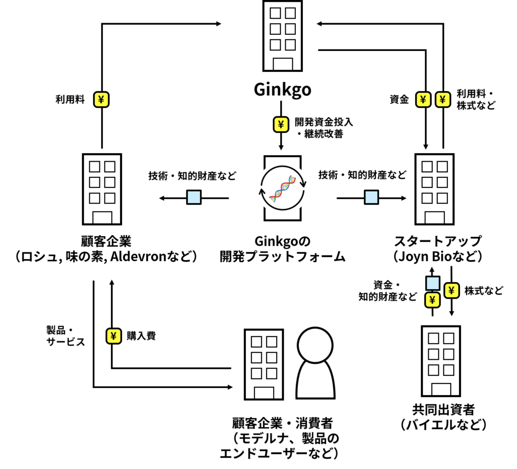 Ginkgo Bioworksのビジネスモデル概要※Ginkgo Bioworksの投資家向けプレゼン資料（May 2021 Investor Day Presentation）の記載を参考に自作。