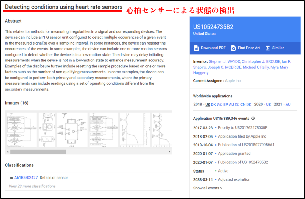 心拍モニタリングに関するアップルの特許の例。心房細動の検知に関しても記載あり（Google Patentsより）