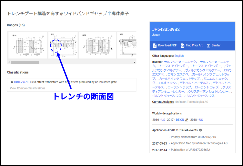 インフィニオンのトレンチゲート構造に関する特許JP6433539B2（GooglePatentsより）