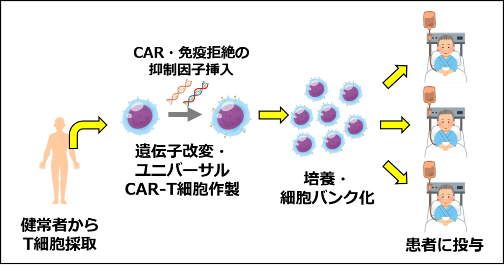 ユニバーサルCAR-T細胞による治療のイメージ（Qasim, 2023を参考に自作）